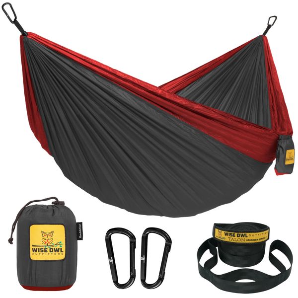 Wise Owl Outfitters Hammock for Camping Double Hammocks Gear for The Outdoors Backpacking Survival or Travel - Portable Lightweight Parachute Nylon DO Charcoal & Red