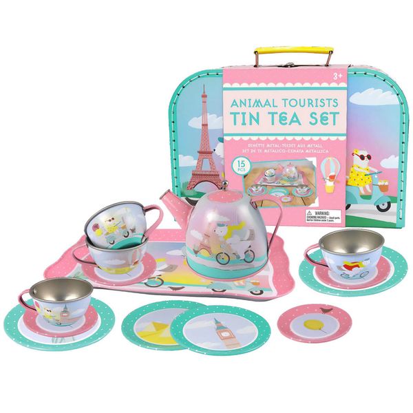 Bright Stripes Animal Tourists Tin Tea Set 15 Piece in Deluxe Carry Case w/Invites & Place Cards - Pretend Play Set for Kids - Tea Set for Kids