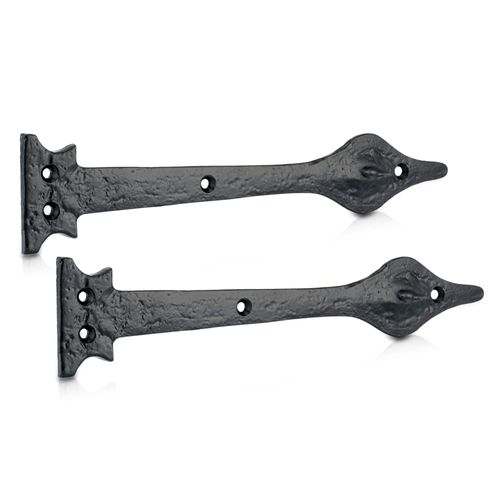 XFORT 263mm Light Duty Black Antique Hinge Front, Spear Head Cast Iron Decorative Hinge Front, Vintage Shed Door Hinge, Ornamental Tee Hinges, Rustic T Hinges, External Black Door Hinges [1 Pair]