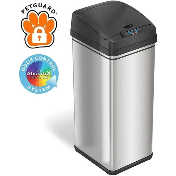 iTouchless 13 Gal Pet-Proof Sensor Stainless Steel Trash Can Silver 10-14 Gallon