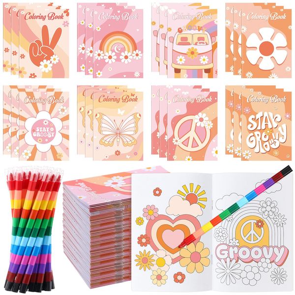 Funrous 24 Pcs Hippie Boho Coloring Books with 24 Stacking Crayons Set Stay Groovy Mini Drawing Book Peace Sign Hippie Bus Daisy Rainbow Activity Book Gifts for Groovy Birthday Party Favors Supplies