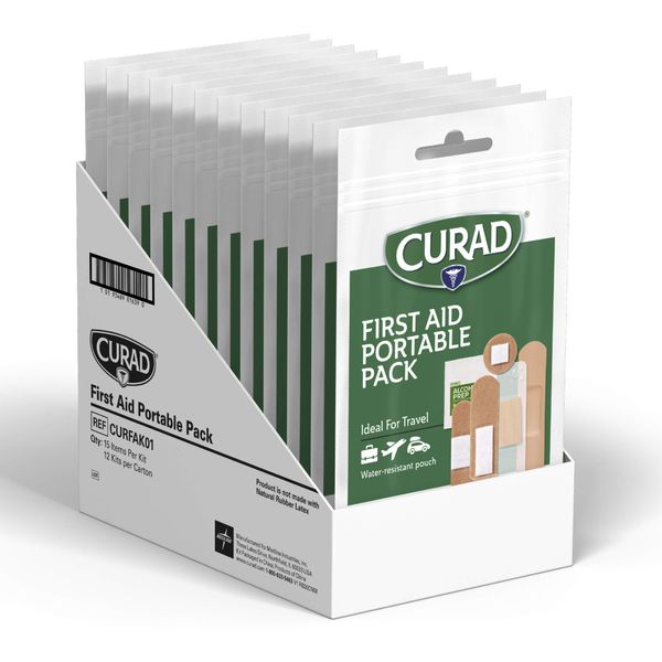 Curad First Aid Portable Pack, Ideal for Travel, Carry-on, Backpacks, Water Resistant Pouch, Variety Size Bandages, Alcohol Swabs, 12 Packs