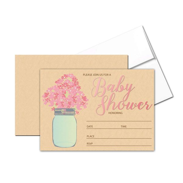 Baby Shower Invitations - 25 Baby Girl Shower Invites & Envelopes (Floral Jar Pink)