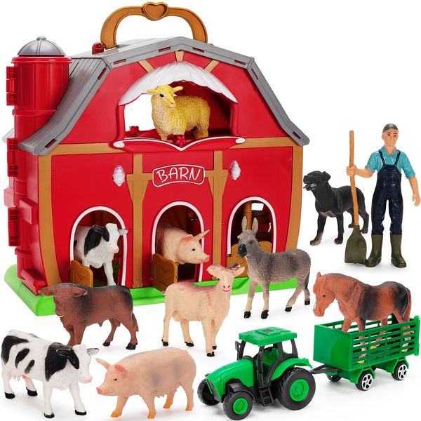 Farm Animals Toys for 1 2 3 4 5 Year Old Toddlers Girls Boys, Big Red Barn Farm with Figures Animals and Tractor Toys for Kids, Farm Playset Educational Learning Toys, Ideal Christmas Birthday Gifts