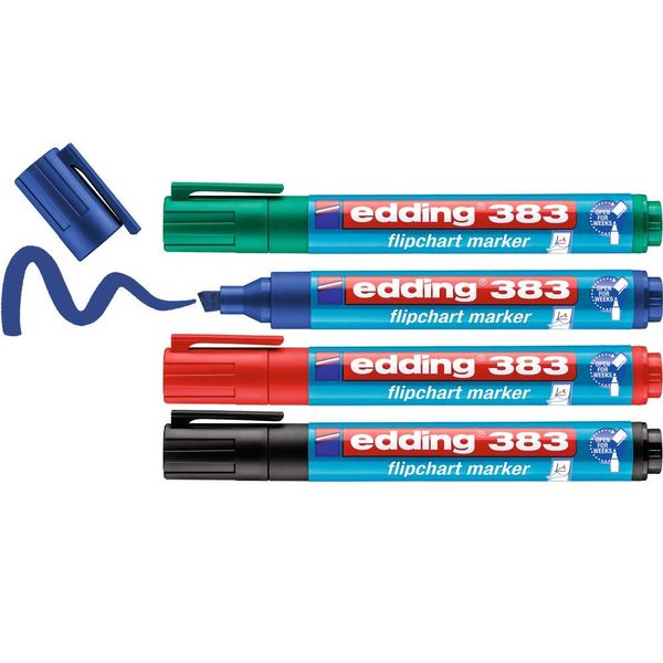 edding 383 flipchart marker - set of 4 - multi-coloured - chisel nib 1-5 mm - marker for writing, drawing and marking on flipchart paper - does not bleed through - does not dry out - colour intensive