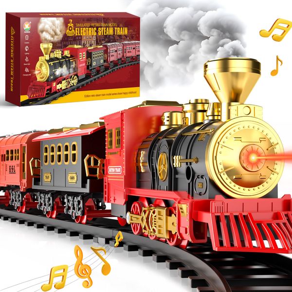 Christmas Train Set with Smoke, Lights, and Sound - Ideal Gift for Toddlers and Kids Ages 2-8, Classic Electric Train Set for Under The Tree, Holiday Decoration for Boys & Girls