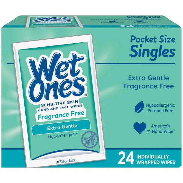 Wet Ones Hand and Face Wipes Singles, Sensitive Skin, 24 Count