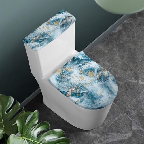 KUIFORTI Blue Marble Toilet Lid Cover and Toilet Seat Cover Set Reusable Replacement Fabric Elastic Universal Fit Elongated Oval Round Lid