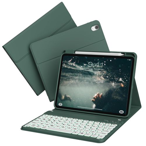 KVTVOU for iPad (A16) 11th/10th Generation Case with Keyboard (11/10.9 Inch, 2025/2022) - 7 Colors Backlit Wireless Magnetic Detachable Folio Keyboard, Flip Cover with Pencil Holder, Dark Green