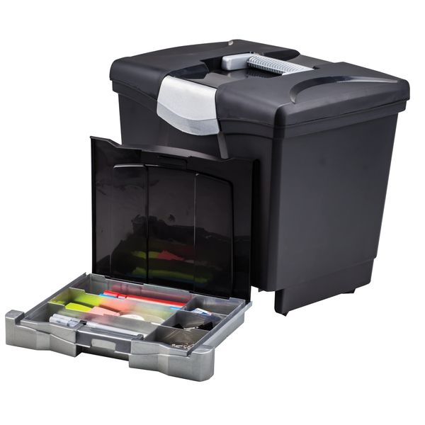 Storex Portable File Storage Box with Drawer Tray, Latch Lid, Letter Size, Black (61523U01C)