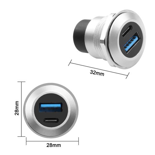 XMSJSIY USB 3.0 Type-C Panel Threaded Fixed Mount Coupler Adapter USB A/Type C 20V 3A 60W Female to Female with Anti-loosening Gasket Chassis Panel Mount Socket Connector Data Transfer (Round)