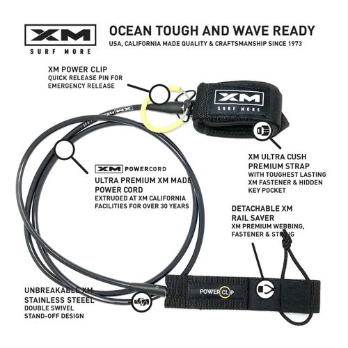 XM SURF MORE Big Wave 10ft Surfboard Leash with Power Clip Quick Release Upgrade, Cord Thickness (.313in), Key Pocket, Unbreakable Swivels, Detachable Railsaver, Made in USA