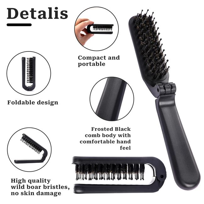 Travel Brush Mini Boar Bristle Brush Folding Hair Brush for Thin