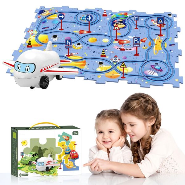 DIY Assembling Electric Trolley, 2024 New Upgrade Toddler Puzzle Track Play Set with Vehicles, Rail Car Building Toys Vehicle & Puzzle Board, Montessori Toys for Kids Ages 3+ (Space)