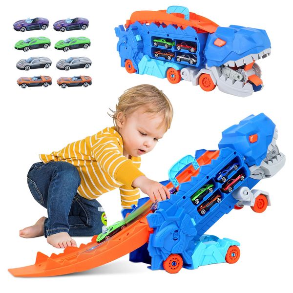 Dinosaur Truck Toy Cars for Toddlers 3 4 5 6 Years Old Boys,with Foldable Sliding 25-Inch Race Track,Transformable Into Standing Dinosaur,Toddler Car Toys Set for Kids Boys Girls(8 Cars