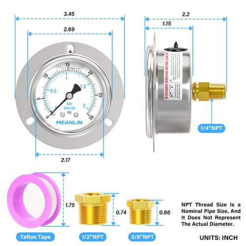 MEANLIN MEASURE 0~30Psi Liquid Filled Pressure Gauge Front Flange Panel Mount, 1/4" NPT 2.5" FACE DIAL Stainless Steel Case with Phillips Screw and Nut, +/-3-2-3%