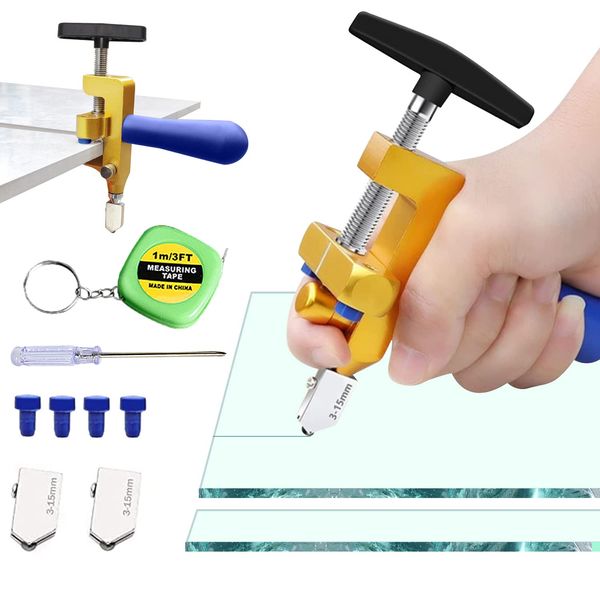 awagas 2 in 1 Glass Tile Cutter Tool Kit, Tile Cutter Hand Tools Set, Glass Cutter Tool 3-15mm Ceramic Tile Cutter Tool with 2 Cutter Blades 4 Contact Feet, Glass Cutting Tool Kit for Glass Mirror