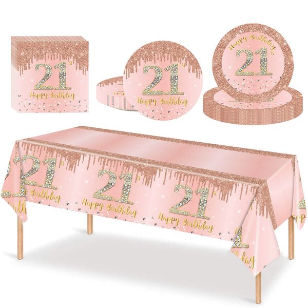 53Pcs Rose Gold Happy 21st Birthday Party Tableware Plastic Table Cloth,7,9inch Paper Plates,Napkins for Her Birthday Table Decorations Disposable Party Tableware Set for Girls Women Birthday Party