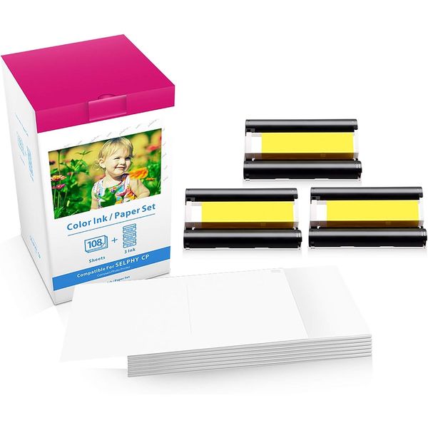 Compatible with Canon Selphy CP1500 Ink and Paper for CP1300 CP1200 CP1000 CP910, KP-108IN KP108 3 Color Ink Cartridges and 108 Photo Paper Sheets (4'' x 6'' Glossy Paper) for Selphy CP Photo Printers