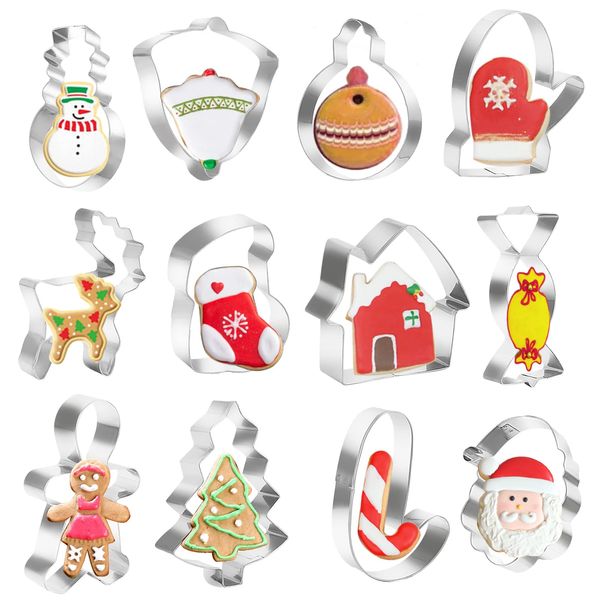 12 PCS Christmas Cookie Cutters Set Metal Xmas Biscuit Cutters Stainless Steel Fondant Icing Cutters Christmas Tree Reindeer Snowman Gingerbread Man Santa Cookie Cutter Shapes for Pastry Baking Kids