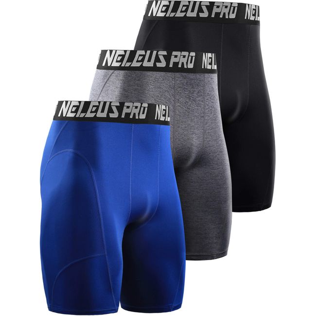 NELEUS Men's 3 Pack Compression Shorts,6065,Black/Grey/Blue,US L,EU XL