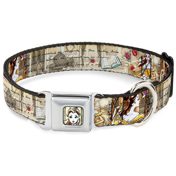 Buckle-Down Seatbelt Buckle Dog Collar - Belle Sketch Poses/Story Script - 1" Wide - Fits 9-15" Neck - Small