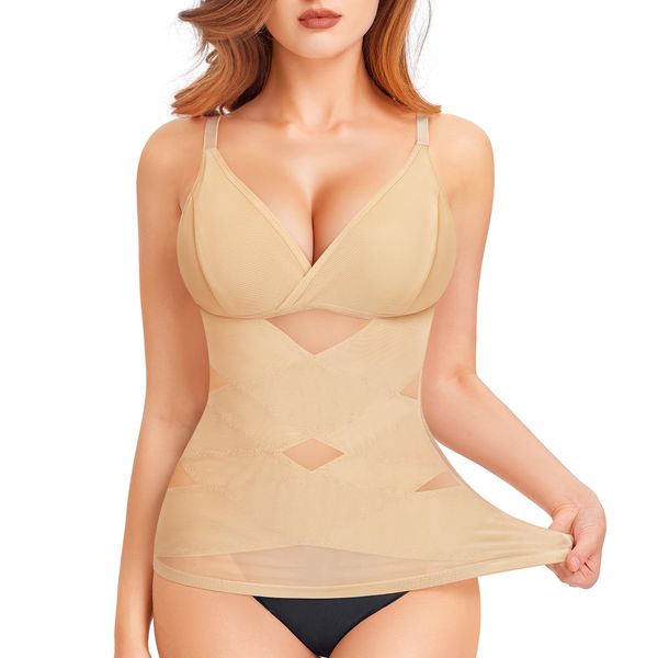 QACIVIQ Body Shaper for Women Tummy Control Shapewear Compression Tanks Cami Tops V-Neck Camisoles with Built in Bra (Beige, Medium)