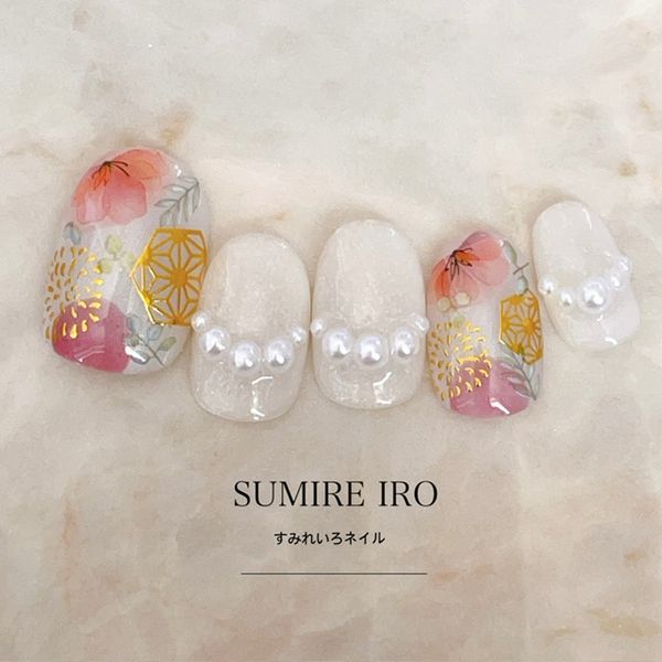 Nail tips False nails Bridal nails Short Coming-of-age nails Design Simple nails Nail Beige nails Small nails Large nails Very short Chibi nails Adult nails False nails Custom nails<br> [o2174] Nuance Flower Line Pearl White