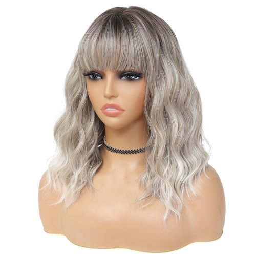 BEAUTIFA Ombre Gray Mix Blonde Wig with Bangs for Women 14 Inch Shoulder Length Short Bob Wavy Curly Wig Gray Mix Blonde Wig Heat Resistant Synthetic Wigs