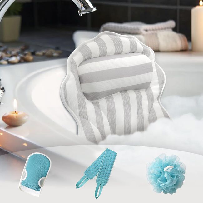 Luxury Bath Pillow Set, Ergonomic Bathtub Spa Bath Pillows for Tub Neck and Back Support, Soft and Elastic Bathtub Pillow with 3D Air Mesh Technology and 6 Suction Cups with Cleaning Accessories