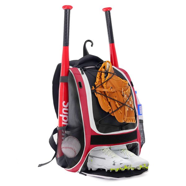 WOLT | Baseball Bat Backpack - Bag for Softball & T-Ball Equipment & Gear, Youth Girl & Adults Women, Holder for Helmet, Glove, Separate Shoes Compartment & Fence Hook (Red)