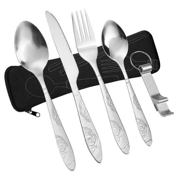 Vicloon Camping Cutlery Set, 5PCS Stainless Steel Flatware Set with Bottle Opener, Travel Cutlery Set Spoon Knife and Fork for Camping Picnic Office School Lunch, Black