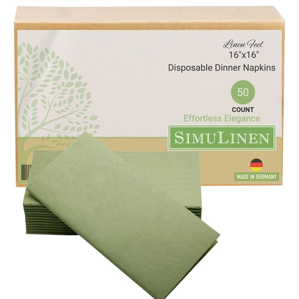 SimuLinen Olive Green Dinner Napkins Paper Disposable & Decorative – Dinner Napkins with Linen-feel, Cloth-Like & KOSHER for Passover, Easter, Weddings, Shower Napkins – Size: 16”x16” – Box of 50