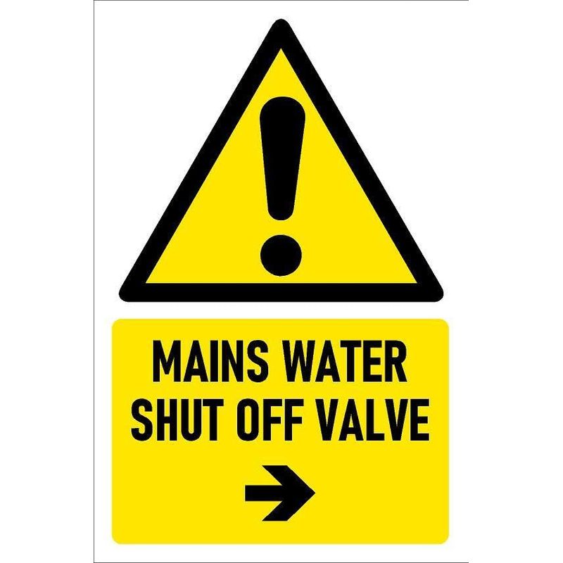 Mains water shut off valve, arrow pointing right, safety sign - 1mm ...