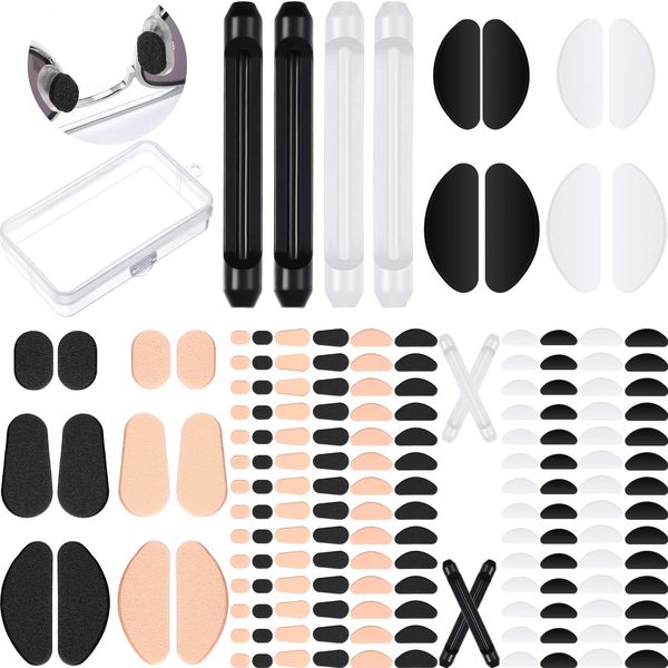 68 Pairs Anti-Slip Eyeglass Nose Pads Set, 48 Pairs Soft EVA Foam Self Adhesive Glasses Nose Pads 16 Pairs Black Transparent Silicone Nose Pads, 4 Pairs Temple Tip Sleeve Retainer for Sunglass Glasses