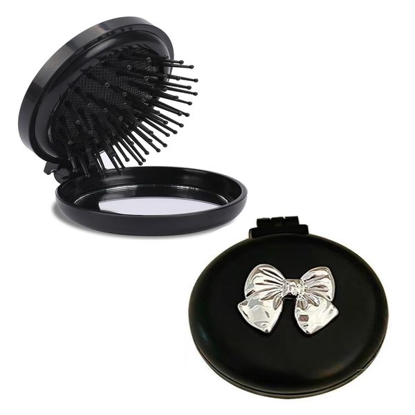 2 Pcs Foldable Travel Mirror Hair Brushes,Round Hair Brushes,Pocket Hair Brush Mini Hair Comb Mini Travel Makeup Hair Brushes with mirror,Portable Massage Comb,Suitable for Travel Women and Girl