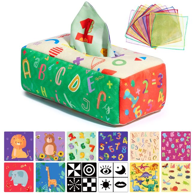 URMYWO Babyspielzeug,Sensorik Tissue Box Spielzeug mit 6 Knisterpapier & 12 Bunte Schals,Kontrast,knisterspielzeug Baby ab 3 6 9 12 Monate