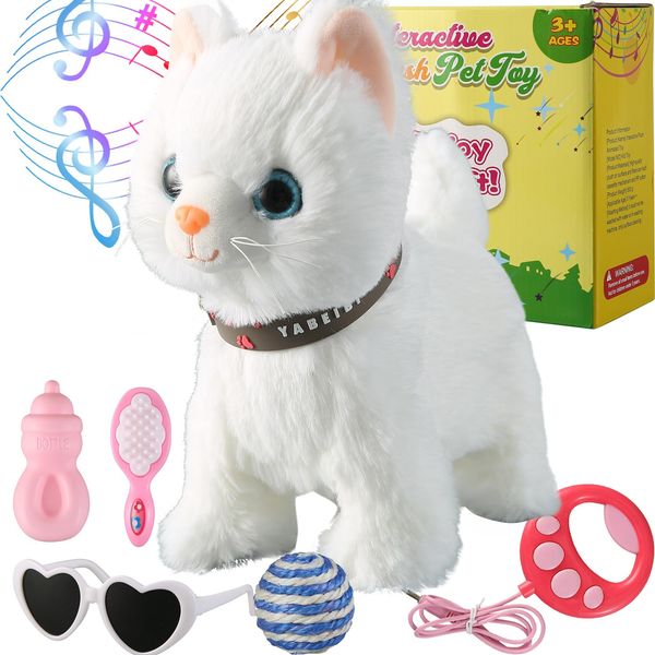 Marsjoy White Leash Walking Cat Set Singing That Purrs and Meows Animated Plush Robot Kitten Pet Moving Plush Realistic Stuffed Animal Remote Control Cute Kawai Robotic Kitty Toy for Kid