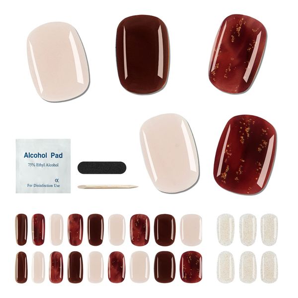 Gel Nail Seal, Hardened Type, Hand, Long Lasting, Waterproof Gel Nails, Odorless, Easy Off Nail Polish, For Beginners, 18+6 Pieces, Tool Included (Red Wine)