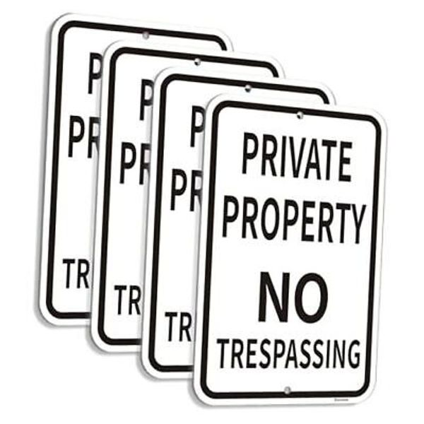 Large (4 Pack) Private Property No Trespassing Sign, Metal Rust 12x18 Inch