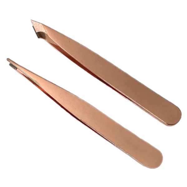 2pc Compact Tweezers Set – Multipurpose Mini Slanted & Pointed Tweezer - Eyebrows Facial Hair Splinter Thorns Ingrown Hair Removal First Aid Kit - Professional Stainless Steel Rose Gold