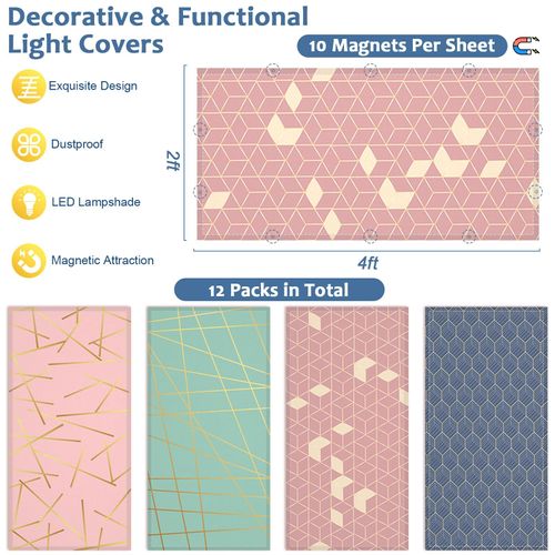 QOUBAI 4 Pcs Fluorescent Light Covers, 4 x 2 Feet Magnetic Lights Cover Geometric Design Fluorescent Lights Shade Panel Ceiling Light Filters for Office Classroom Home Drop Ceiling