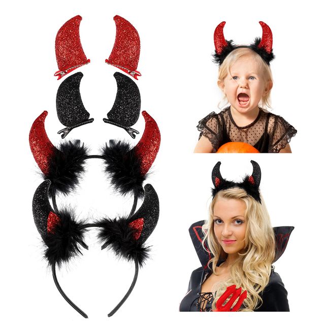 Lurrose Devil Accessory Set 2pcs Fluffy Devil Horns Headband 2 pairs Devil Horn Hair Clips Halloween Devil Costume Set Fancy Dress Party Favor for Adult