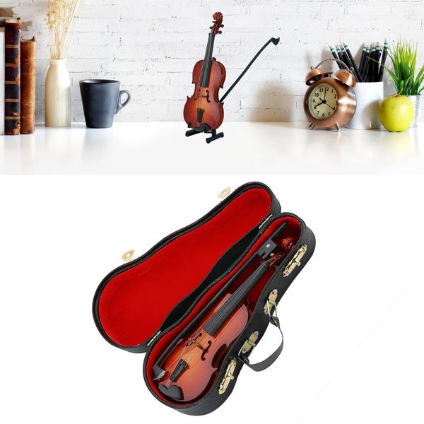 Wooden Mini Violin Model Display, with Bow Stand and Case Musical Ornament Craft, for Home Office Decoration Birthday Valentine's Day Gift