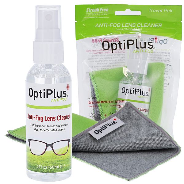 OptiPlus Anti-Fog Lens Cleaning Spray and Dual Microfiber Cloth | Streak-Free Cleaner and Defogging Spray for Glasses, Laptops Screens, Smart Phones, Optical Lens, Goggles, and Watch Screen l 2oz