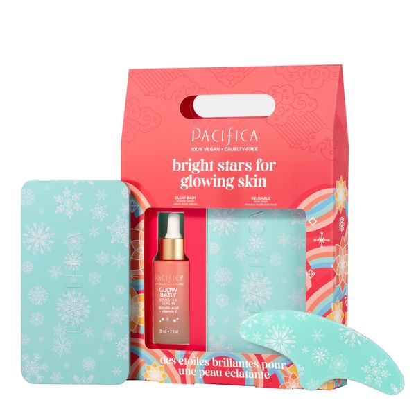 Pacifica Preppy Skincare Gift Set Value Kit for Holidays | Glow Baby Serum and Reusable Mask | Brightening and Hydrating | Full Size