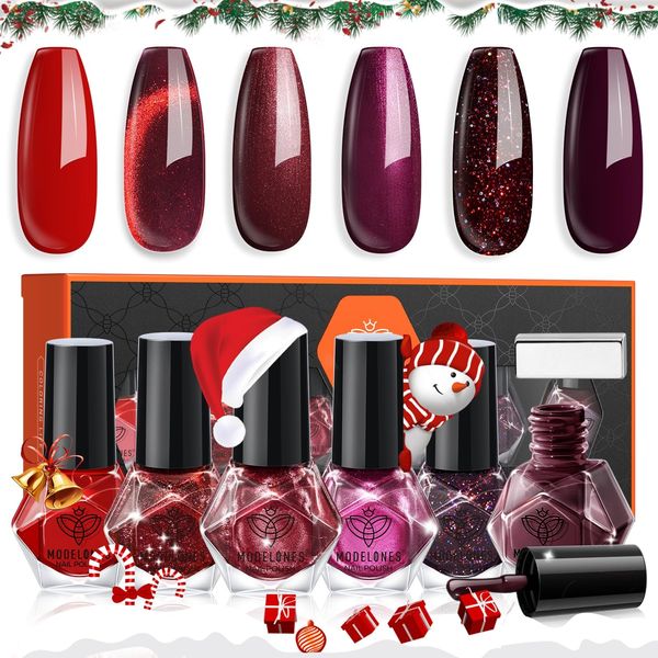 Modelones Christmas Nail Polish Set 6 Colors, Red Cat Eye Burgundy Glitter Dark Red Nail Polish Quick Dry Mini Nail Varnish Kit Magnetic Chrome Maroon Purple Cherry Winter Manicure for Women