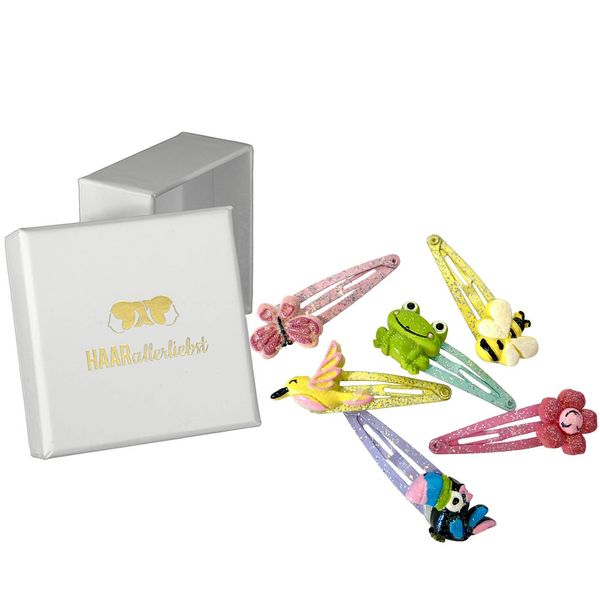 HAARallerliebst Hair Clips Set (6 Pieces, Glittery Animals, Colourful) for Girls Including Storage Box (Box Colour: White)