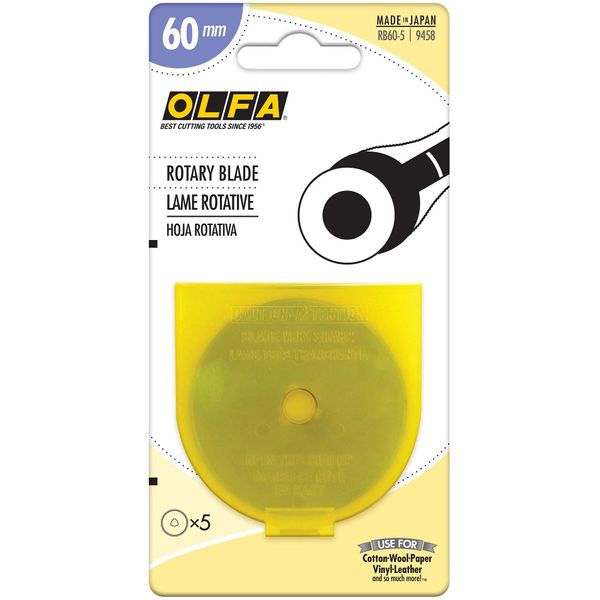 OLFA 60mm Rotary Cutter Replacement Blades, 5 Blades (RB60-5) - Tungsten Steel Circular Rotary Fabric Cutter Blade for Crafts, Sewing, Quilting, Fits Most 60mm Rotary Cutters,Gray