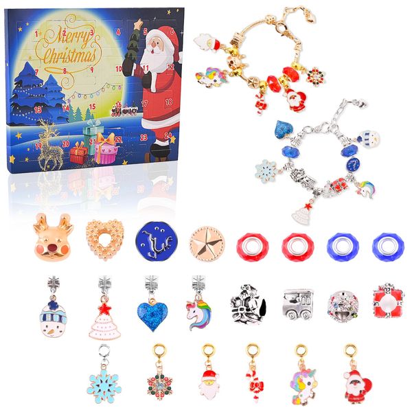 Christmas Advent Calendar Bracelets 2024 for Girls, 24 Days Jewelry Christmas Countdown Calendar, Xmas Charm Bracelets, DIY Surprise Gift with 22 Beads and 2 Bracelets for Girls Kids Teens Adult Women